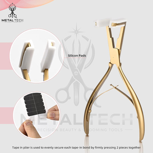 Pince à extensions capillaires en acier inoxydable doré mat avec mâchoires plates en silicone, outil de pressage pour extensions, ensemble avec bandes de remplacement - Product Image 2
