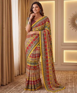 Sari Moderno de Seda Chinon con Estampado Digital Ajrak, Largo hasta el Suelo, con Trabajo de Espejo Real, Blusa sin Coser, Ropa de Boda para Mujer 85324 DVD - Product Image 1