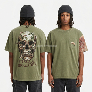 Camiseta Personalizada Verde Oliva con Lavado Ácido, 200GSM, Algodón Pesado, Estampado Gráfico <span class=keywords><strong>de</strong></span> Calavera, Fabricante <span class=keywords><strong>de</strong></span> Ropa al por Mayor para Hombre - Product Image 1