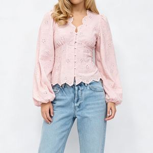 Chemisier Femme Brodé Floral à Œillets Col V Manches Ballon Bordure Dentelle Sehe Fashion - Product Image 6
