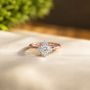 Bague de mariage solitaire en diamant rond brillant, or rose vermeil 10K, cadeau fête des mères, bague de fiançailles halo en moissanite - Product Image 1