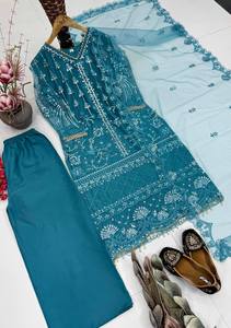 Ensemble Kurta en coton brodé TEAL avec pantalon Palazzo, coupe ample traditionnelle, longueur cheville, tenue ethnique style Inde Pakistan - Product Image 4