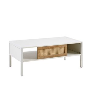 Tavolino da Caffè Moderno in Rattan Bianco da 102 cm con Porta Scorrevole e Gambe in Metallo per Soggiorno - Product Image 5