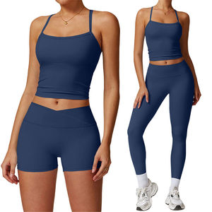 Ensemble de vêtements de sport pour femmes, 5 pièces, bleu, extensible, débardeur et leggings, vêtements de fitness décontractés, coupe ajustée, logo sur le devant, recyclable - Product Image 1
