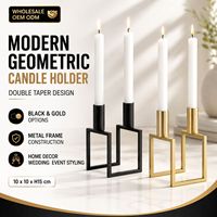 Vente en gros de porte-bougie double conique en métal géométrique moderne, noir et or, pour la décoration de table de mariage et de la maison