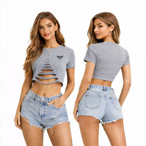 เสื้อยืดแฟชั่นผู้หญิงแบบครอป ตัดเย็บสไตล์ดิสเทรส แขนสั้น คอกลม สตรีทแวร์ - Product Image 6