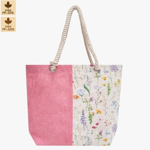 Bolsa de Playa de Yute Laminado con Diseño de Flores Silvestres Rosas, 42x33x14 cm, Logotipo Personalizado, Venta al Por Mayor, OEM - Product Image 1
