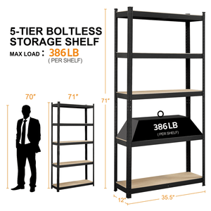 Scaffale di Stoccaggio in Acciaio a 5 Ripiani Regolabili, Design Moderno Nero per Cucina, Soggiorno, Ufficio, Camera da Letto, Bagno e Attrezzi - Product Image 5