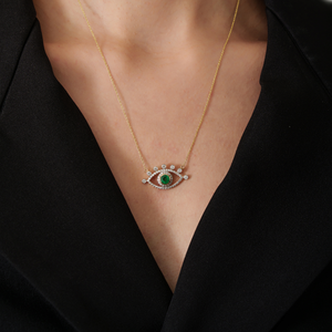 Unique Latest Design Round Cut <b>Emerald</b> & Diamond Evil Eye <b>Pendant</b> Necklace Pure 14K Yellow Gold Customized Gemstone Jewelry - Product Image 4