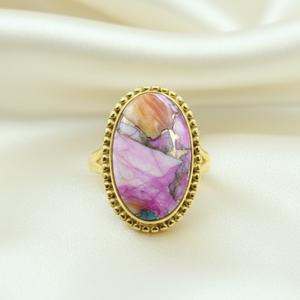 <b>Pink</b> Dahlia Oyster Turquoise Oval Ring 925 Sterling Silver Handmade Beaded <b>Frame</b> Statement Ring Rose Gold Yellow Gold Plated - Product Image 4