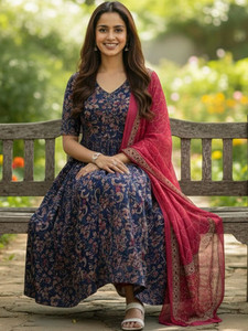 <b>Women</b> Traditional Ethnic Printed Anarkali <b>Kurta</b> Set With Dupatta Rayon Loose Fit Knee Length Spring India Pakistan Style - Product Image 6