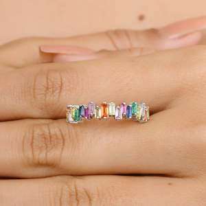 14K Solid Gold Rainbow Sapphire Eternity Wedding Ring with Prong Setting - Product Image 1