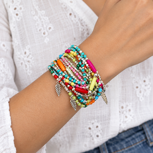Handmade Colorful Beaded <b>Silver</b> <b>Bracelet</b> Set | Boho <b>Feather</b> Charm Layered Stackable Summer Jewelry Gift for Women - Product Image 2