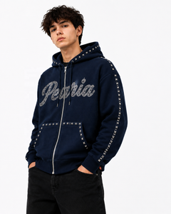 <b>Men's</b> Navy Solid Digital Printing Rhinestone Embroidered Hooded <b>Zip</b>-<b>Up</b> Pullover Hoodie Streetwear Fleece Winter - Product Image 1