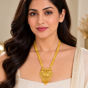 Regal 24K Gold Polish Copper Brass Necklace <b>Set</b> with Floral Pendant and Matching Earrings for <b>Indian</b> Wedding <b>Jewelry</b> Bulk Orders - Product Image 3