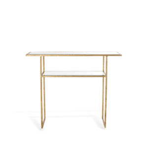 Table console de qualité supérieure avec base géométrique dorée et plateau en verre trempé transparent, rectangulaire, pour entrée, couloir, salon - Product Image 5