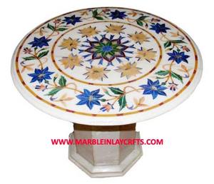 Marbre blanc avec finition fine et forme ronde polie lisse et dessus de Table basse design incrusté de fleurs pour la décoration de la maison - Product Image 6