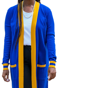 Cardigan long en laine/cachemire bleu roi et or SGRho, tricoté pour l'hiver, avec poches et poignets rayés, design royal à ouverture frontale - Product Image 6