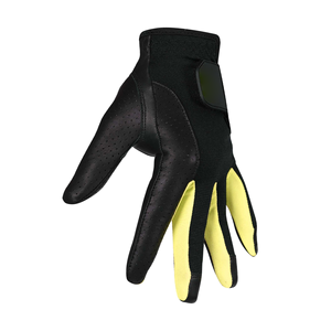 Gants de golf antidérapants jaunes contrastants avec fermeture auto-agrippante, paume en cuir noir, dos en maille tricotée, inserts extensibles pour les doigts, compatibles tactile - Product Image 1