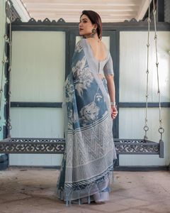 Sari indio elegante estilo Bollywood, tejido en plata, lino y algodón, con hermoso estampado digital, ropa étnica para novias y bodas. - Product Image 4