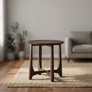 Modern <b>Round</b> Wood Side <b>Table</b> Minimalist Design Dark Finish Four-Leg Base Living Room Furniture - Product Image 5