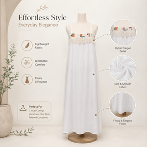 White Boho Fringe Maxi Dress Women Spaghetti Strap Embroidered Trim Flowy Summer Sundress Beach Vacation Casual Resort Holiday - Product Image 5