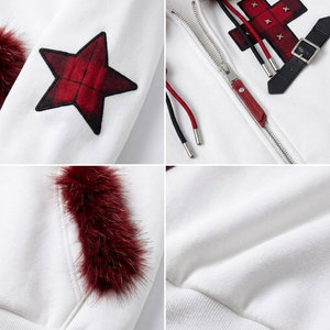 White <b>Women's</b> Hooded Fleece <b>Jacket</b> With Red Fur Trim Star Embroidery Winter Casual <b>Zip</b>-<b>Up</b> Hoodie - Product Image 6