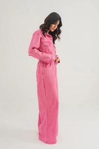 <b>Pink</b> Washed <b>Denim</b> <b>Jumpsuit</b> Women Long Sleeve Button Front Casual Wide Leg Outfit for Autumn Winter - Product Image 6