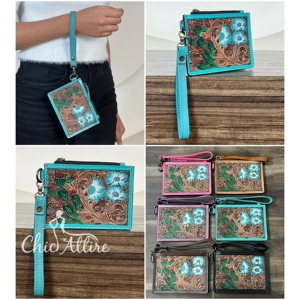 Luxury Turquoise Floral & Cactus Pattern Hand Full Tooled Genuine Leather Western Style Zipper Pouch ATM <b>Credit</b> <b>Card</b> <b>Holder</b> - Product Image 1