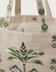 Sac fourre-tout en toile brodée, sac à main à bandoulière en feuille de palmier, ouverture supérieure, grande capacité pour les courses quotidiennes et les voyages, 100% toile de coton - Product Image 2