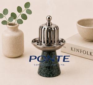 Brûleur d'encens de luxe en marbre vert avec couvercle métallique, support à Bakhoor en pierre artisanal et diffuseur d'arômes pour parfumer la maison - Product Image 2