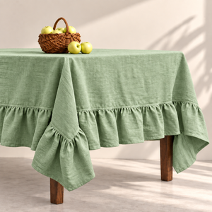 Nappe en lin faite à la main verte solide de luxe avec couverture de table à manger de ferme rustique à bord à volants - Product Image 2