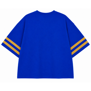 เสื้อยืดชมรมหญิง Sigma Gamma Rho ประดับคริสตัลวิบวับ สีน้ำเงินทอง ตัวอักษรกรีก คอกลม แขนลายทาง ทรงหลวม พิมพ์ลายกราฟิก - Product Image 4