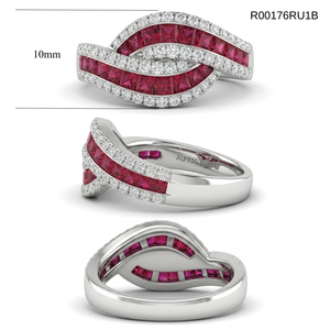Wholesale 18K White Gold Natural Diamond Wave <b>Ring</b> Princess Cut Real Ruby Channel Set Bypass Multi Row Statement Band Fine Jewel - Product Image 4