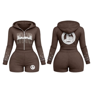 Conjunto deportivo de sudadera con capucha y cremallera, pantalones cortos y top corto con pedrería azul para mujer, ropa deportiva de calle de manga larga para primavera - Product Image 2