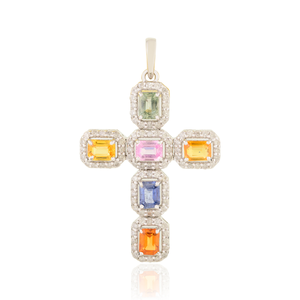 18K <b>Solid</b> White <b>Gold</b> Multi Sapphire Cross <b>Pendant</b> - Product Image 2