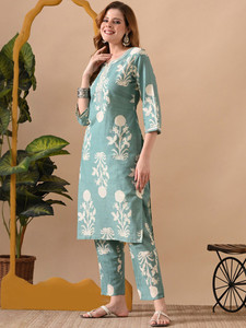 <b>Women</b> Floral Digital Print Green Cotton <b>Kurta</b> Midi Length Regular Fit Traditional Ethnic Style Casual Wear India Pakistan Spring - Product Image 5