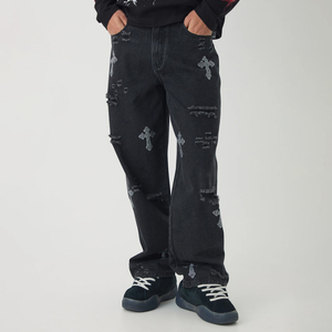 Jeans Rotos con Pedrería Chrome Hearts para Hombre, Calidad Premium, Estilo Hip Hop, Pantalones de Mezclilla Negros Desgastados para Hombre - Product Image 1