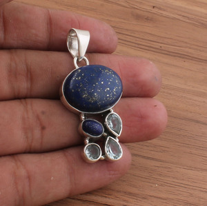 Collier vintage unisexe rétro en argent sterling 925 plaqué platine avec sertissage en lapis-lazuli naturel - Product Image 4