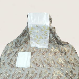 <b>White</b> Luxury Fransawi Dirac Printed Fabric with Gold Embroidery for Somali Wedding Party Wear - Product Image 1