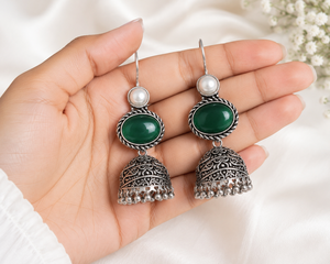 Oxidized <b>Silver</b> Jhumka <b>Earrings</b> | Pearl <b>Dangle</b> Drop <b>Earrings</b> | Handmade Indian Boho Ethnic Tribal Jewelry for Women | Wholesale - Product Image 5