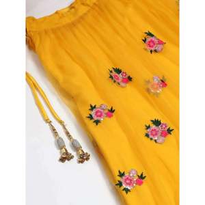 Yellow Thread Embroidered <b>Net</b> Haldi Wear Plus Size Lehenga Choli for Women - Product Image 2