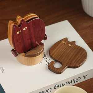 Posavasos de madera personalizados con forma de gato, únicos y adorables, con soporte, alfombrilla de madera para bebidas, resistente al calor, para bar, de UO - Product Image 6