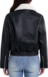 Veste bomber en cuir PU noir pour femme avec col en fausse fourrure, fermeture éclair, manches longues, style hiver, couleur unie, veste en cuir - Product Image 4