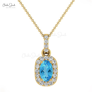 Handmade 14k <b>Solid</b> <b>Gold</b> Genuine 7x5mm Prong Set Swiss Blue Topaz & 1.5mm Pave Diamond Halo <b>Pendant</b> From Wholesale Distributors - Product Image 1