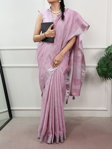 Sari Tradicional Indio de Lino con Tejido Zari para Uso Casual y Eventos Festivos, Atuendo Moderno y Elegante para Mujer - Product Image 1