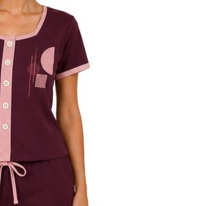 Burgundy And Pink Women Two Piece Shorts Set Square Neck Button <b>Top</b> Contrast Trim Graphic Print Casual Summer Cotton Lounge Wear - Product Image 4