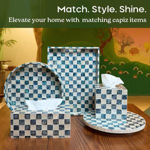 ถาดเสิร์ฟทรงกลมลายตารางฝังมุกแท้ งานฝีมือสุดหรู สำหรับตกแต่งบ้าน วางของ หรือใช้กับกาแฟ - Product Image 5