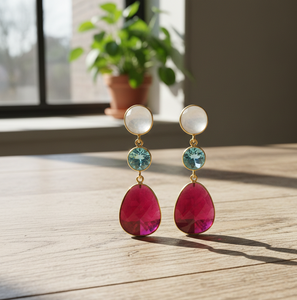 Boucles d'oreilles pendantes en argent 925 plaqué or 18 carats avec pierres fantaisie rondes blanches et bleues arc-en-ciel, bijoux faits à la main en gros - Product Image 3