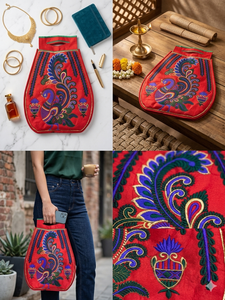 <b>Red</b> Embroidered Peacock Tote Bag Handmade Silk Shoulder <b>Purse</b> Folk Art Gift for Women From Gujarat In-Stock - Product Image 3